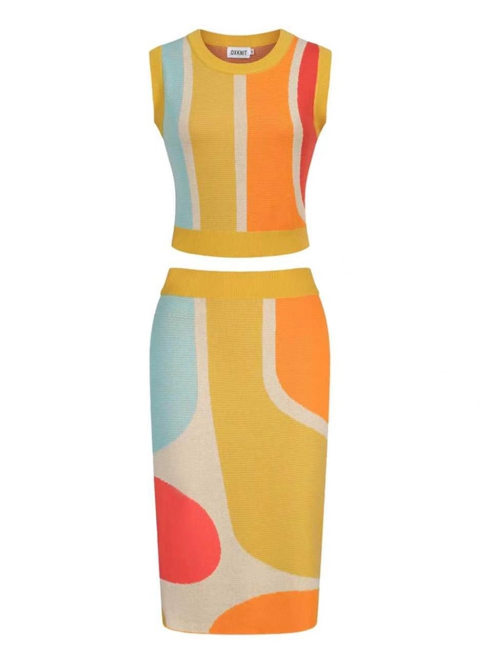 OxKnit WOMEN'S YELLOW 70S POP GEOMETRIC KNIT TANK DRESS SET Size 2XL